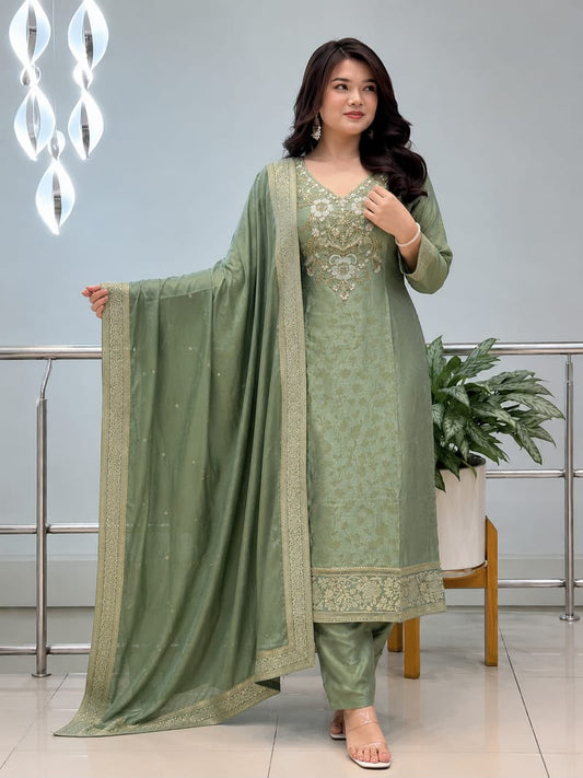 Pure Malay Glass Tissue Kanjivaram Hand Work Neck Kurta Set with Pant & Dupatta