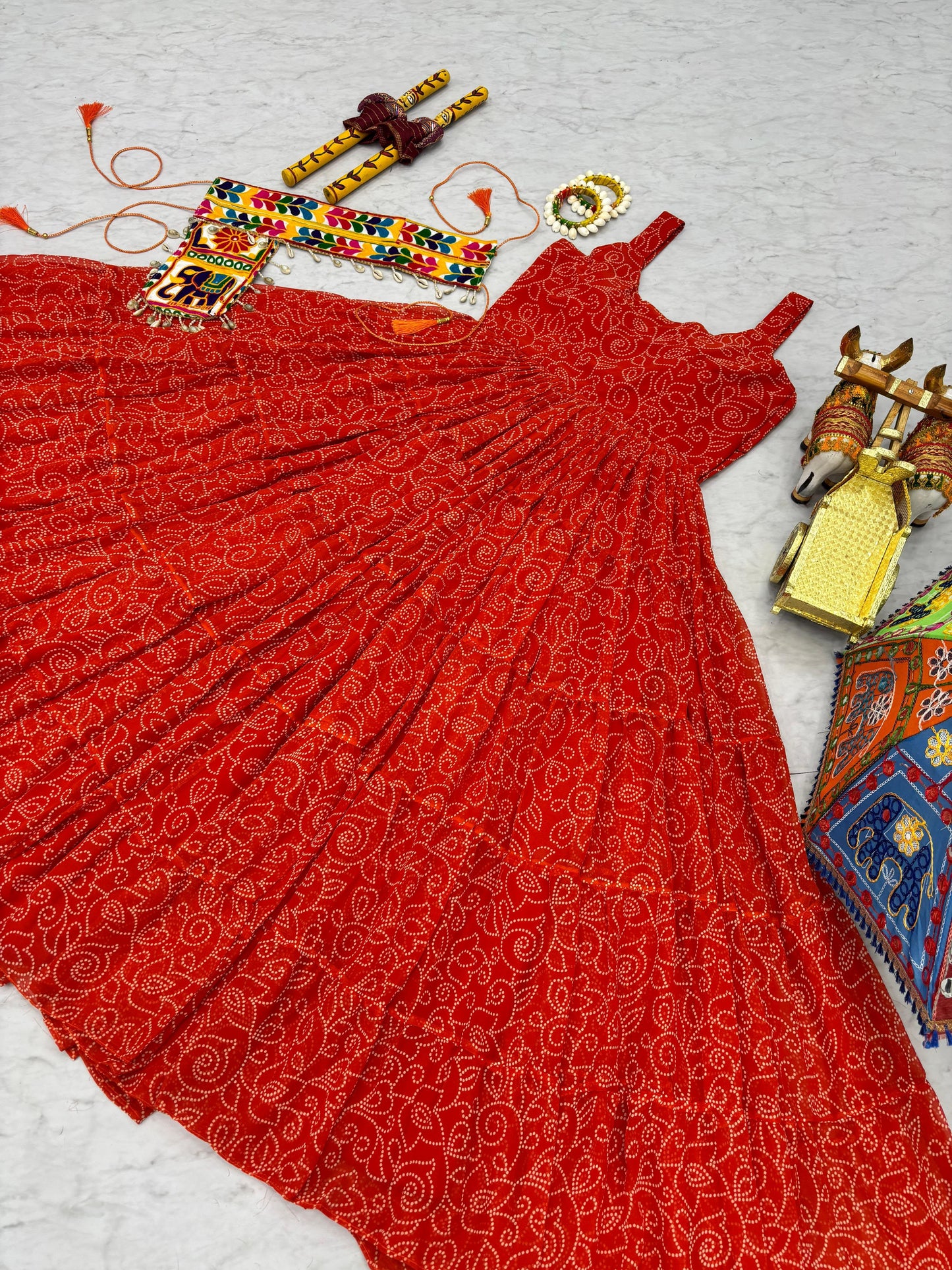 Navratri Special Bandhani Print Gamathi Work Gown with Pocket Purse