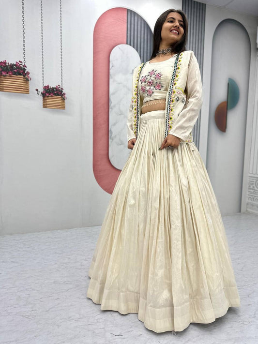 Festival Special Pure Tissue Shimmer Crop Top Lehenga Set with Jacket