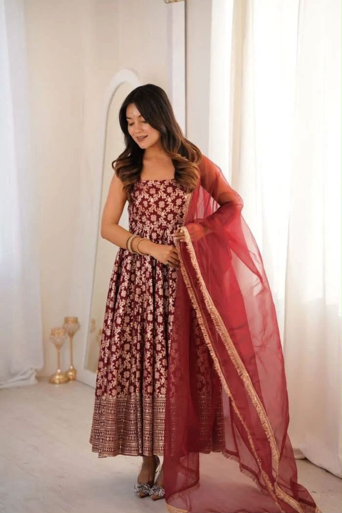 Chanderi Jacquard Butti Anarkali Set with Pant & Soft Net Dupatta