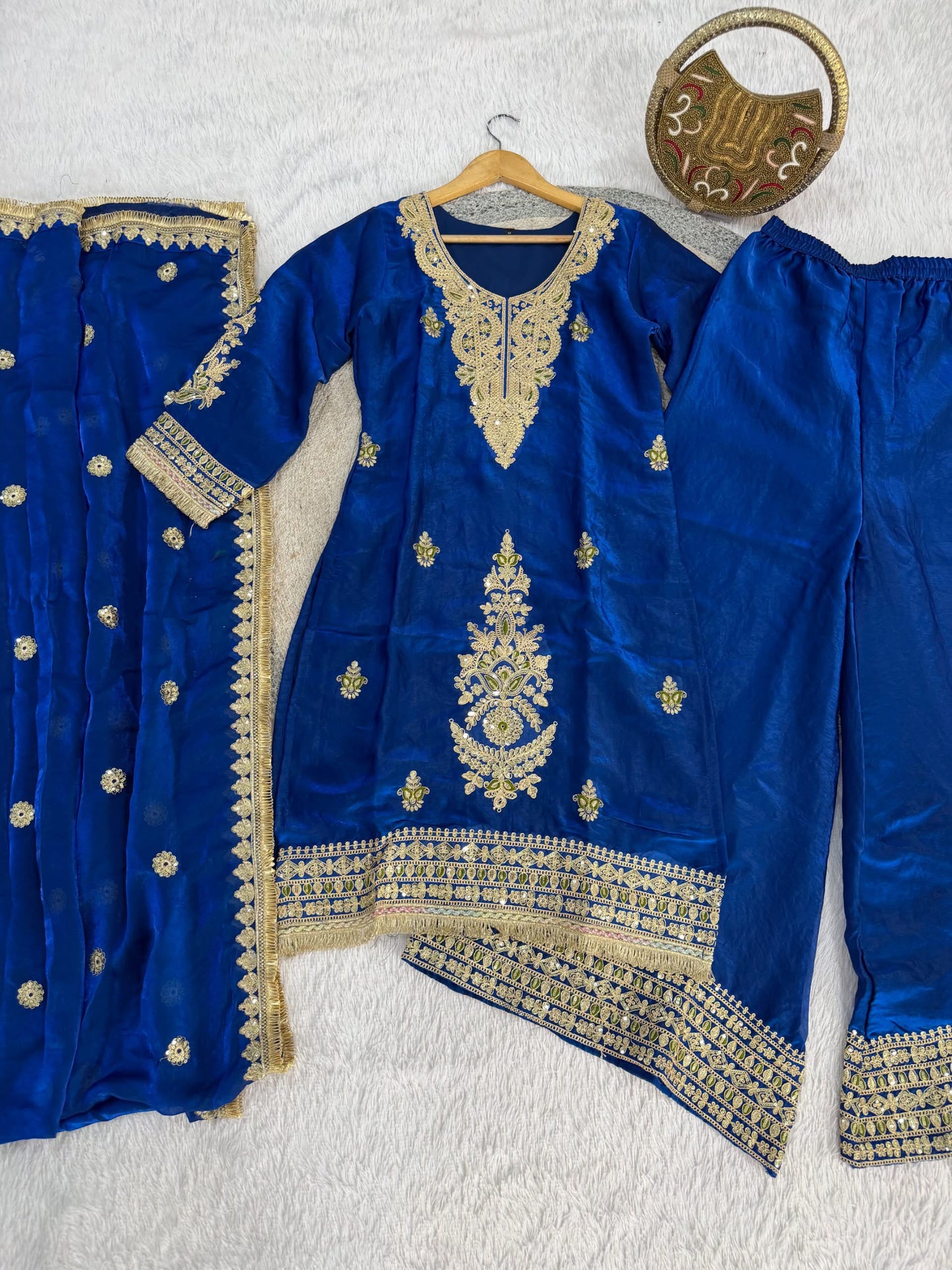 Designer Fendi Satin Embellishment Embroidered Suit Set with Palazzo & Dupatta