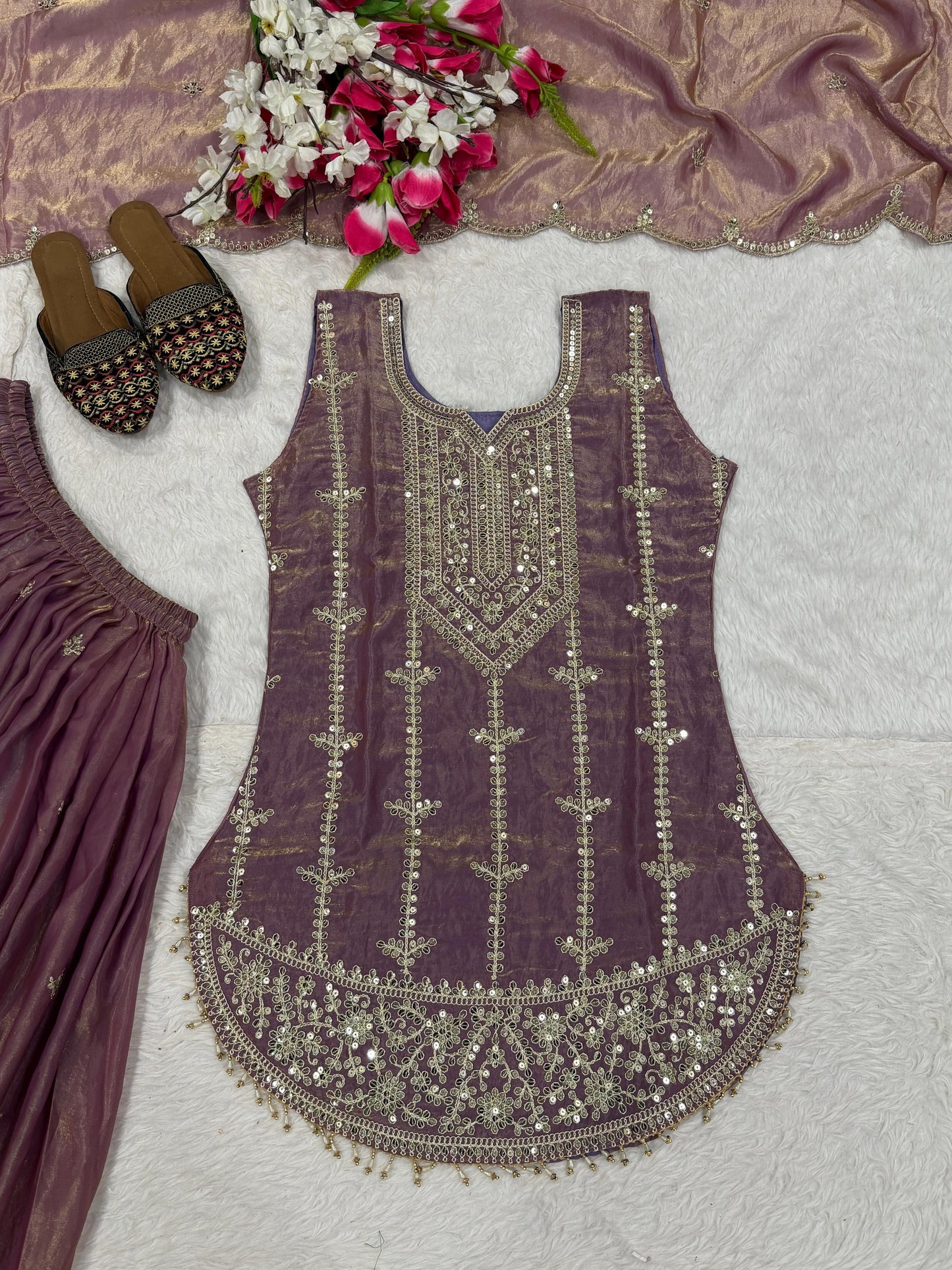 Designer Fendy Silk Embroidered Top Sharara Set with Dupatta