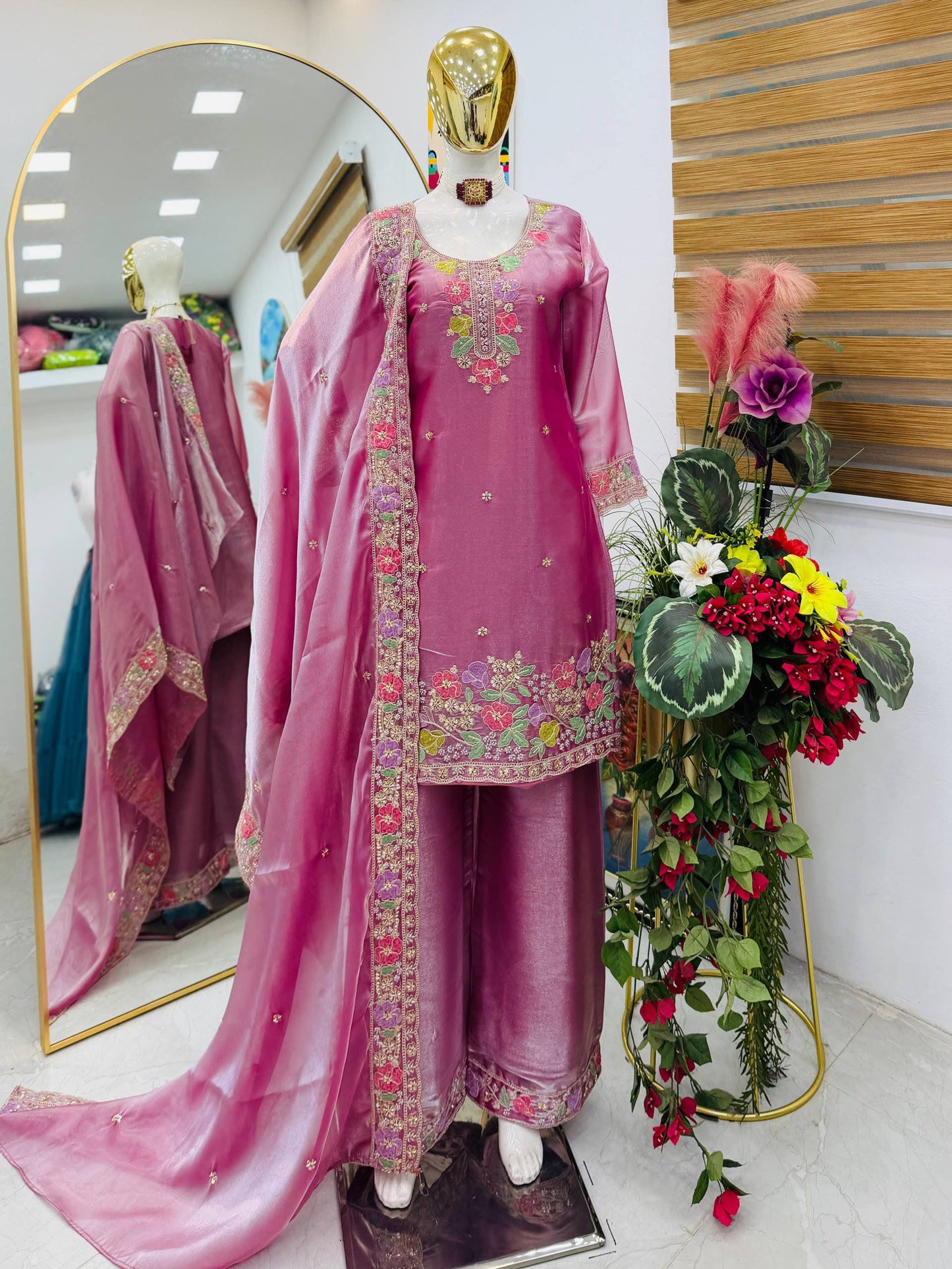 Designer Jimi Silk Embroidered Top Palazzo Set with Dupatta