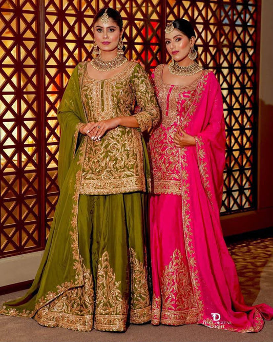 Designer Heavy Chinon Silk Embroidered Top Sharara Set with Dupatta