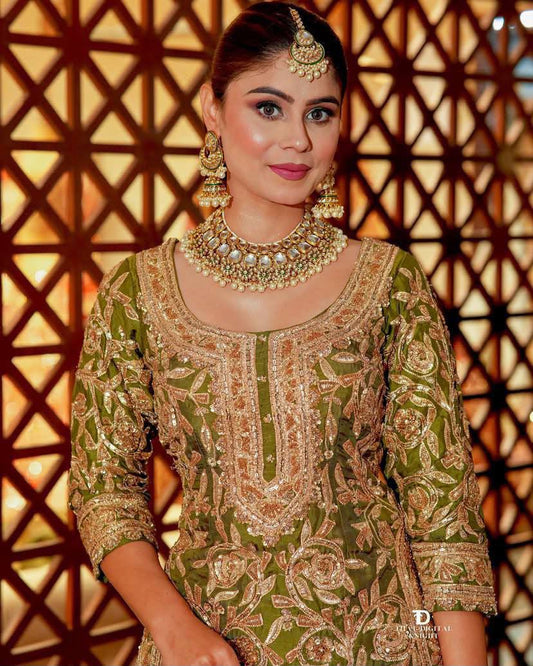 Designer Heavy Chinon Silk Embroidered Top Sharara Set with Dupatta