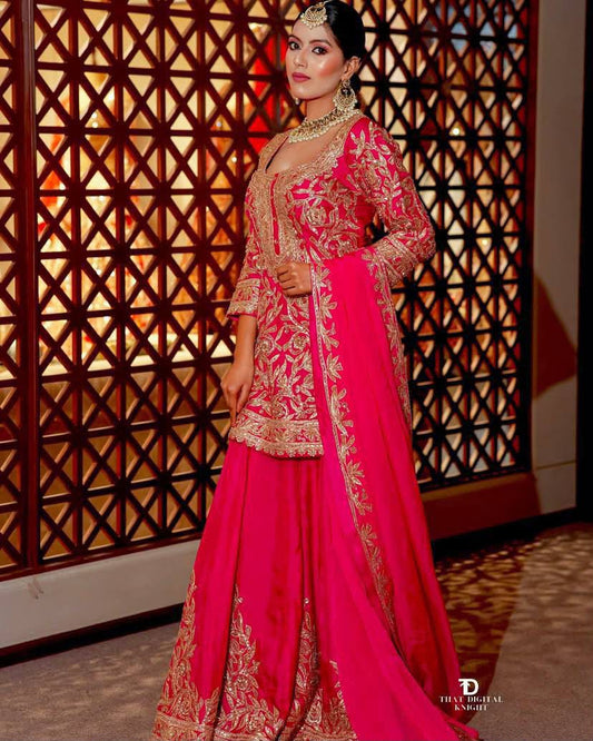 Designer Heavy Chinon Silk Embroidered Top Sharara Set with Dupatta