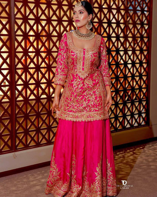 Designer Heavy Chinon Silk Embroidered Top Sharara Set with Dupatta