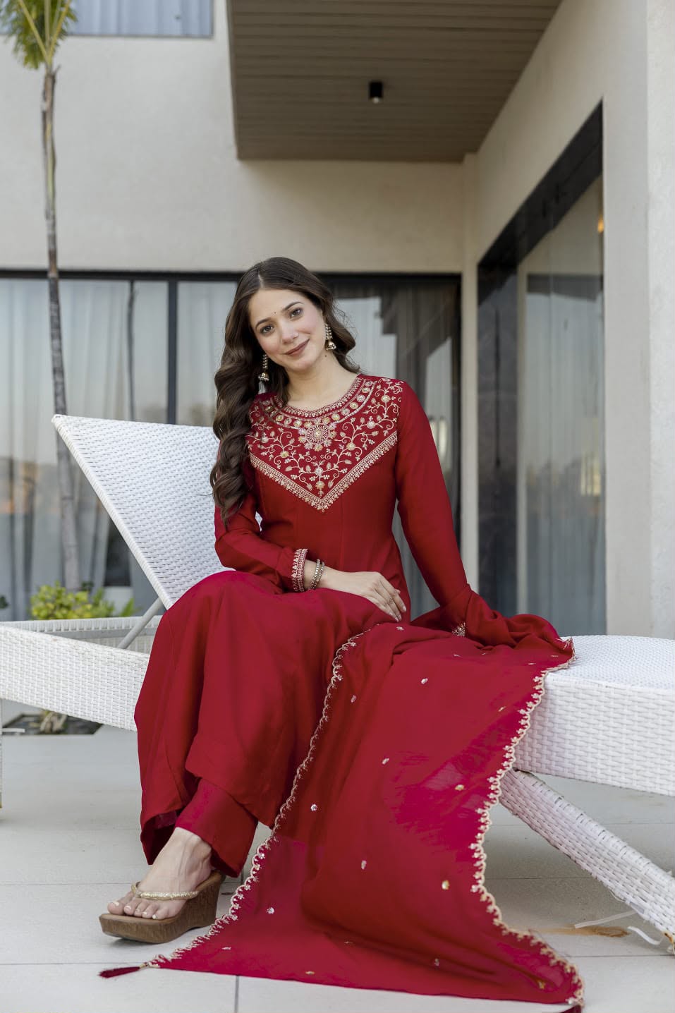 Pure Vichitra Silk Sequence Coding Embroidered Gown Set with Dupatta