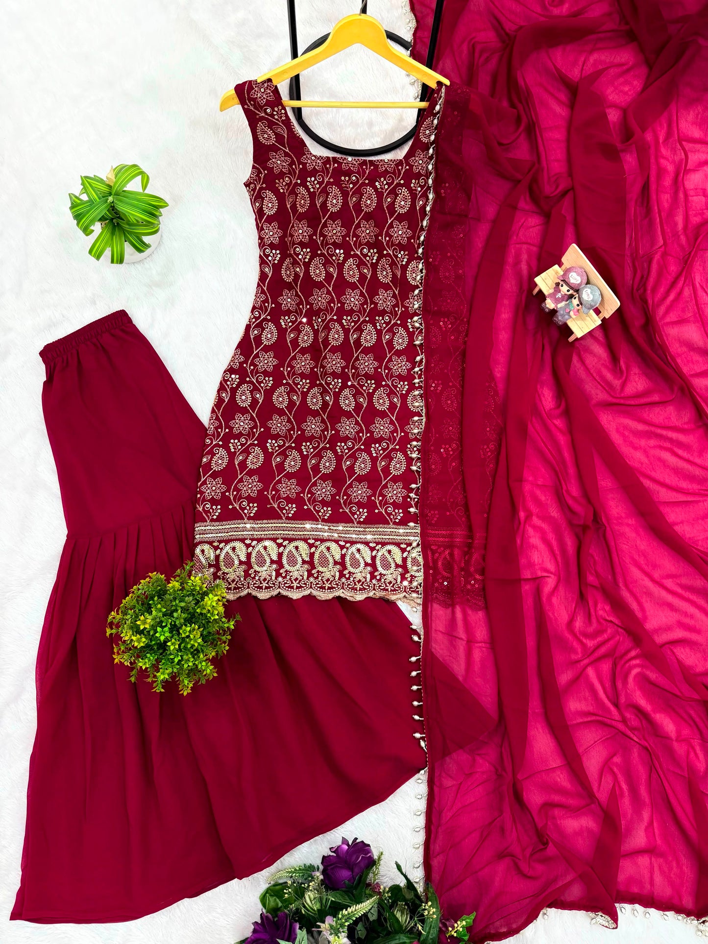 Heavy Faux Georgette Embroidered Suit Set with Palazzo & Dupatta