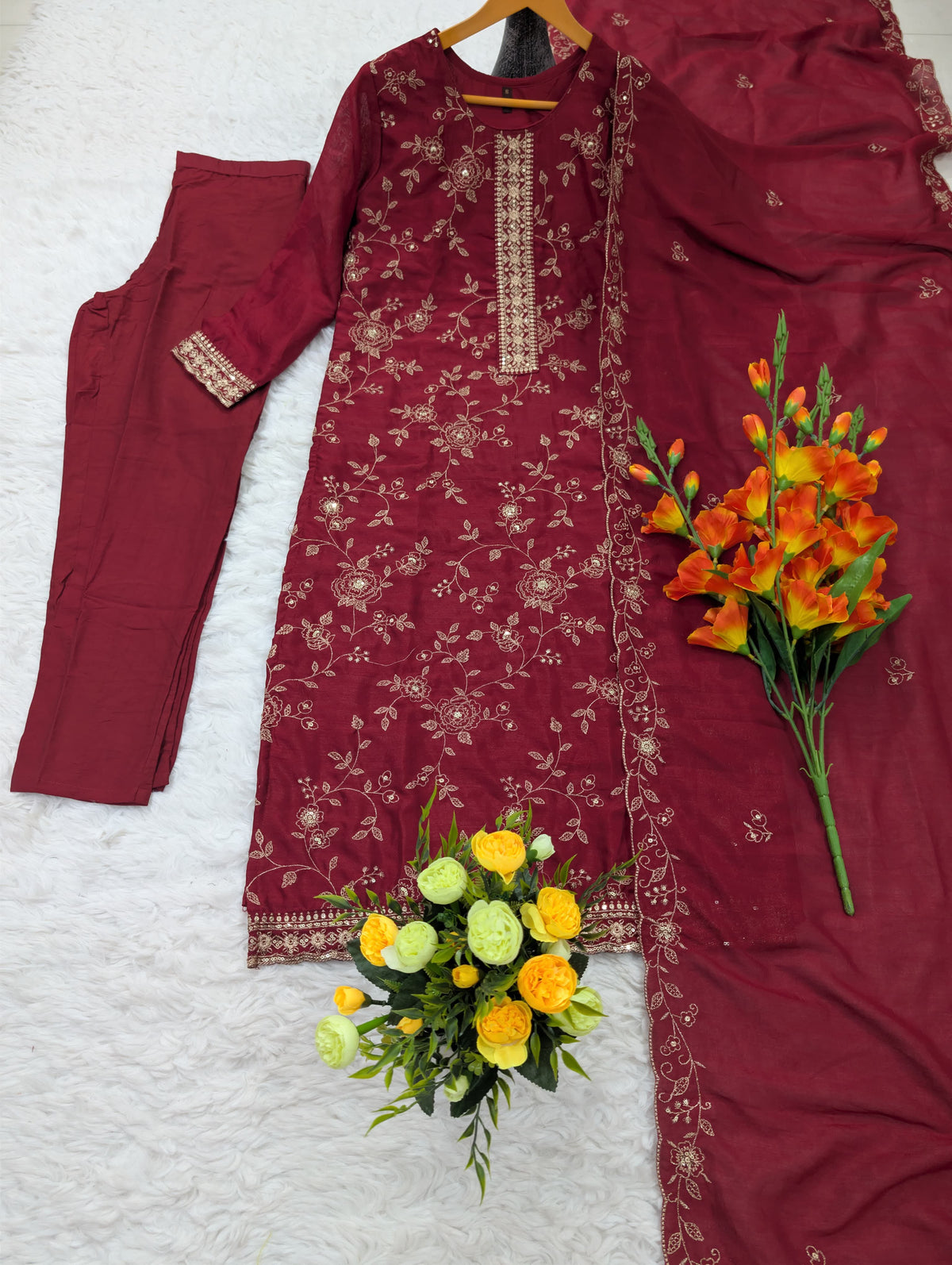 Pure Vichitra Silk Embroidered Kurta Set with Santoon Silk Bottom & Dupatta