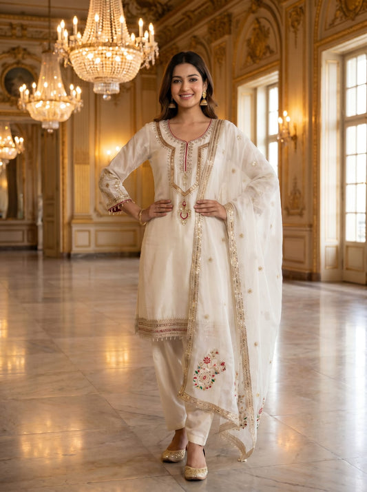 Pure Chinon Silk Embroidered Palazzo Suit Set with Dupatta