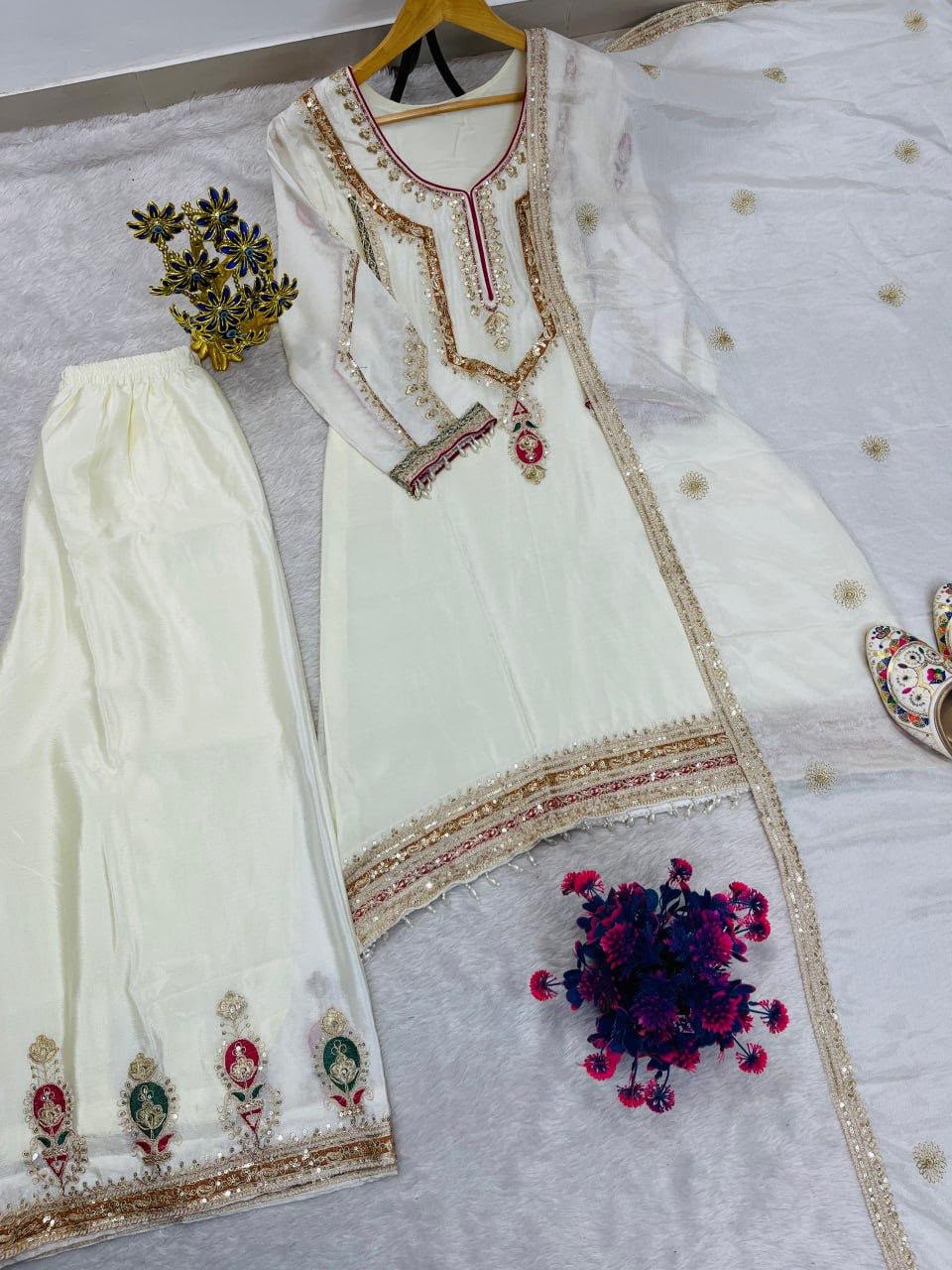 Pure Chinon Silk Embroidered Palazzo Suit Set with Dupatta