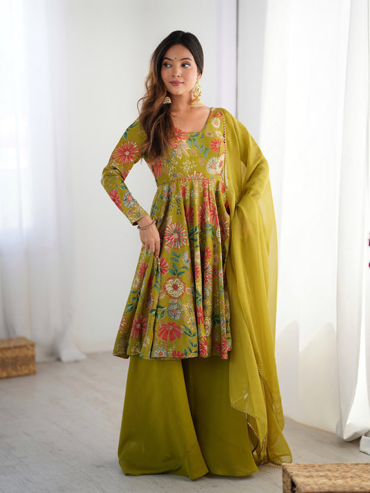 Pure Roman Silk Chanderi Printed Kediya Kurta Set with Palazzo & Organza Dupatta