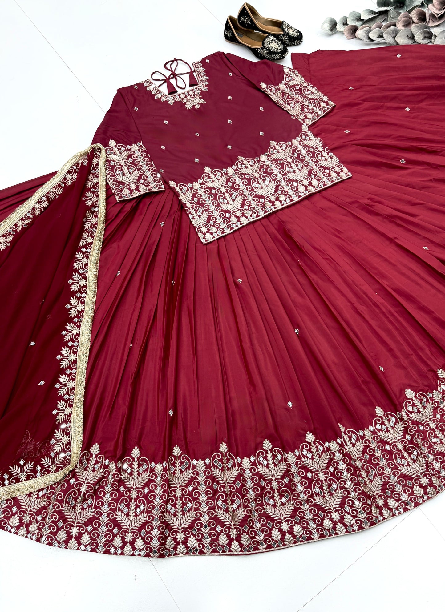 Heavy French Silk Embroidered Lehenga Set with Real Mirror Work Dupatta