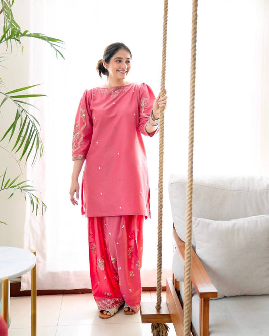 Elegant Dusty Rose Embroidered Kurta with Patiala Pant Set for Women
