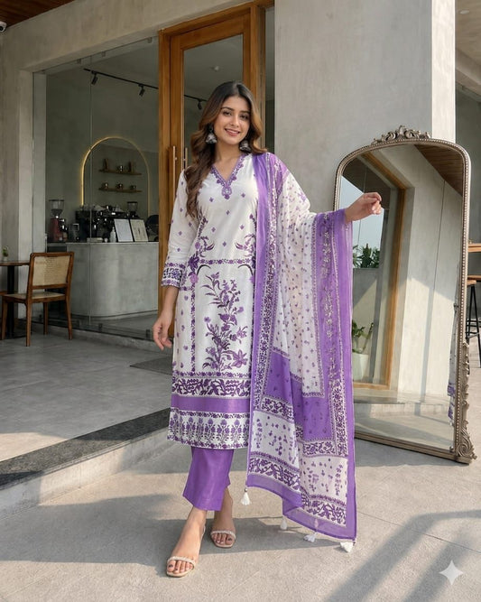 White & Lavender Floral Printed Cotton Kurta Set with Dupatta