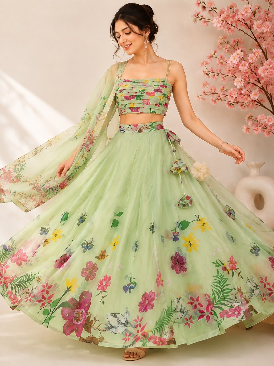 Mint Green Floral Printed Organza Lehenga Set