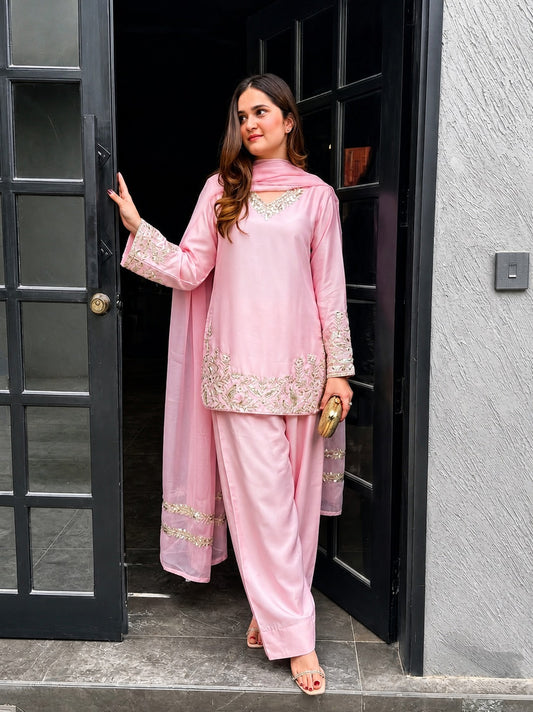 Premium Silk Blend Embroidered Ethnic Suit Set with Loose Pants and Dupatta