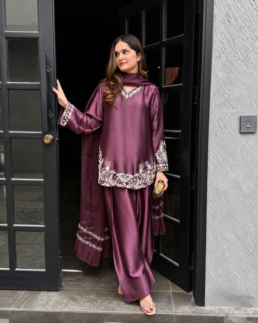 Wine Purple Embroidered Premium Silk Kurta & Palazzo Set with Organza Dupatta