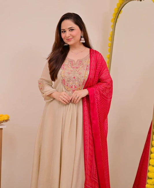 Women's Elegant Beige Embroidered Anarkali Kurta Set with Pink Bandhani Dupatta
