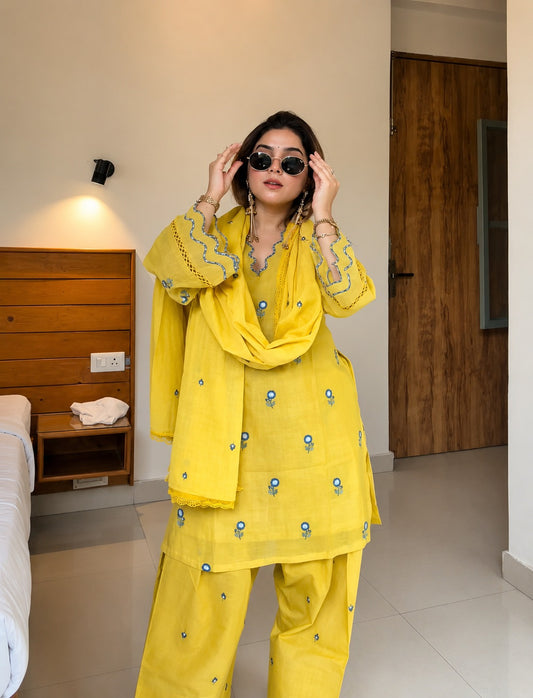 Premium Yellow Cotton Embroidered Kurti Set with Salwar Palazzo and Dupatta