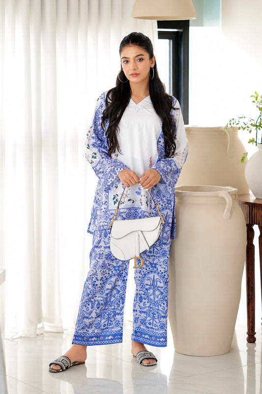 Premium Blue and White Printed Co-ord Set with Wide Leg Trousers