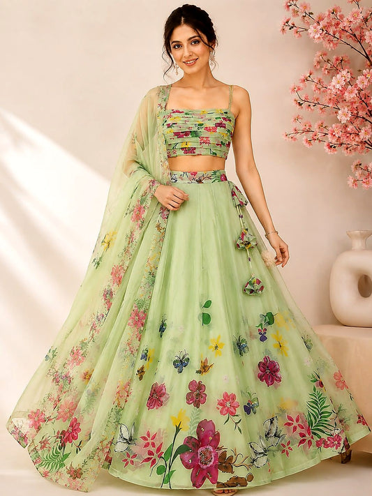 Mint Green Floral Print Organza Lehenga Choli Set with Pleated Blouse