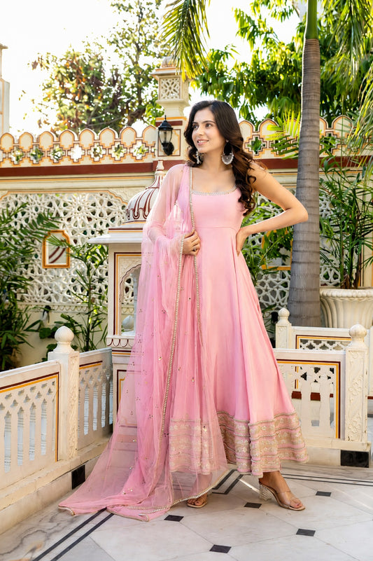 Pastel Pink Flared Anarkali Suit Set with Embellished Net Dupatta