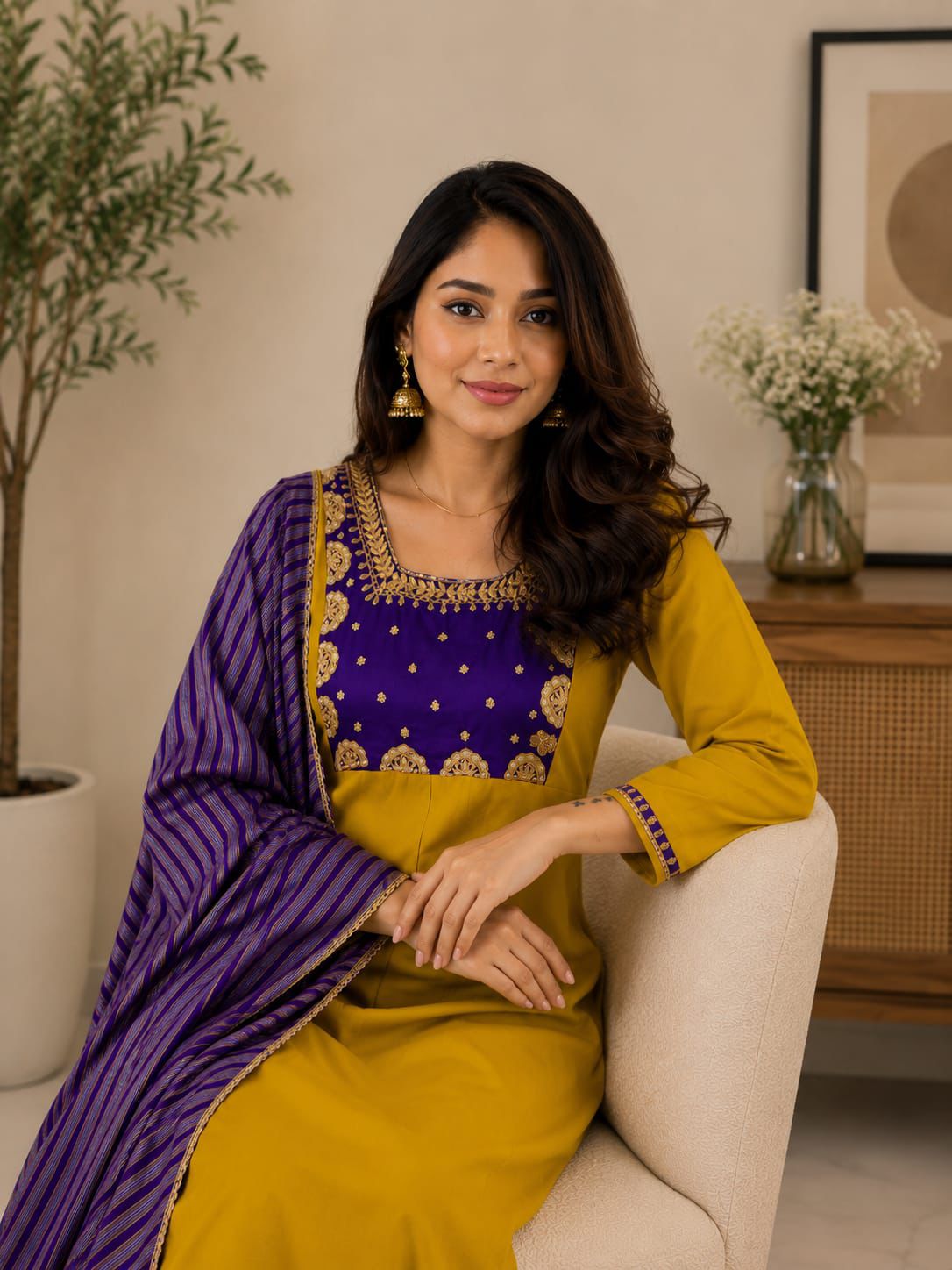 Mustard Yellow Cotton Kurta Set with Purple Embroidered Yoke and Striped Dupatta