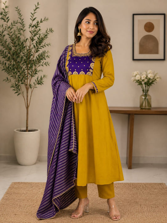 Mustard Yellow Cotton Kurta Set with Purple Embroidered Yoke and Striped Dupatta