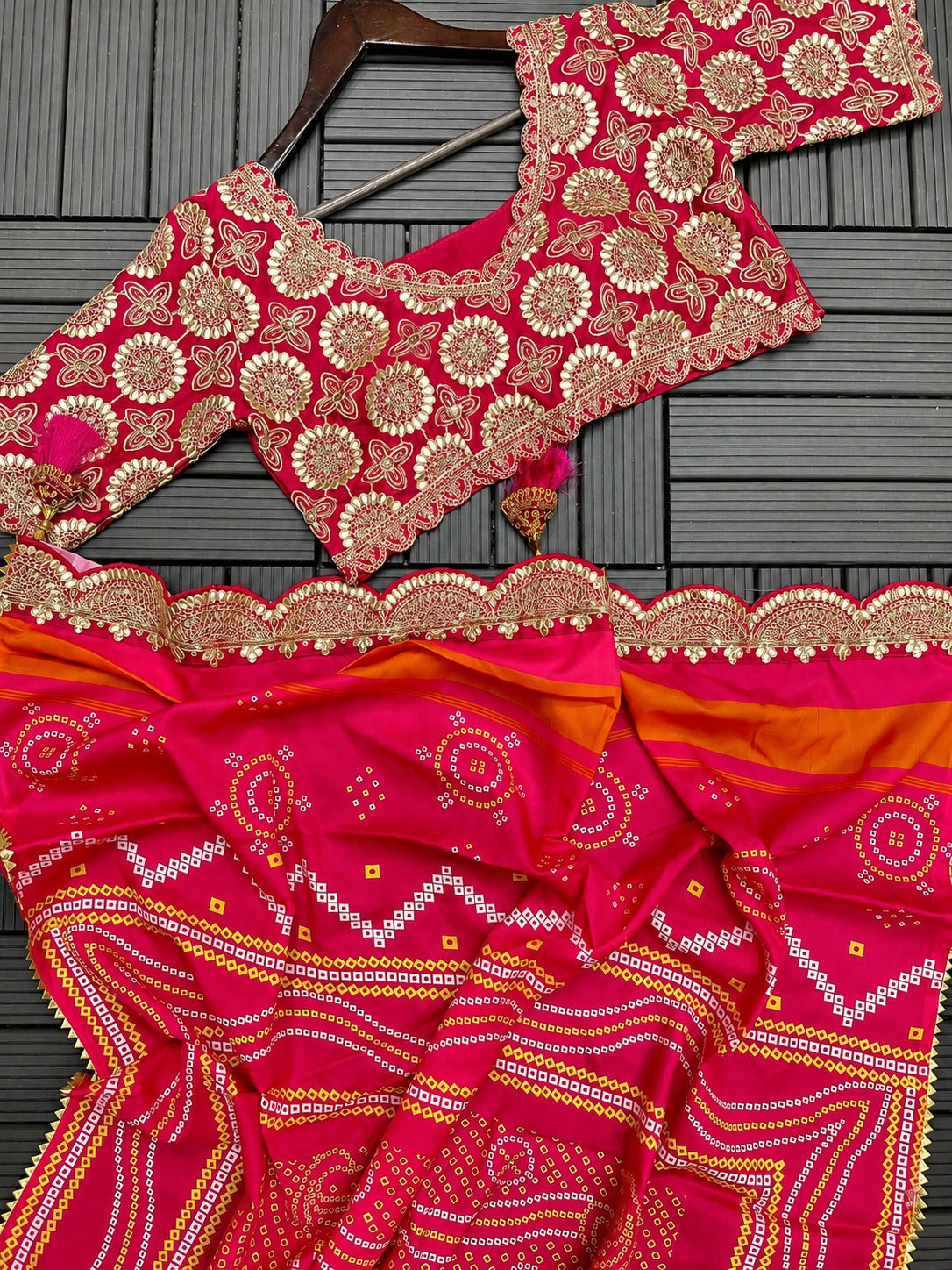 Royal Pink and Ivory Silk Lehenga Choli Set with Heavy Bandhani Dupatta