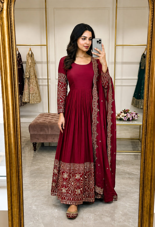Festive Heavy Flared Georgette Anarkali Suit Set with Embroidered Dupatta