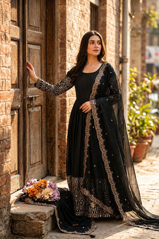 Festive Heavy Flared Georgette Anarkali Suit Set with Embroidered Dupatta