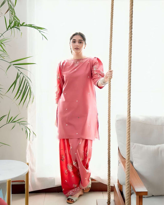 Elegant Dusty Rose Embroidered Kurta with Patiala Pant Set for Women