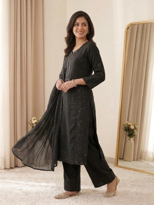 Mal Chanderi Hand Mirror Embroidered Suit Set with Palazzo & Organza Dupatta