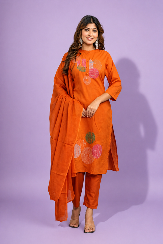 Fab Craft Studio Women's Cotton Embroidery Straight Kurti with Pant Set