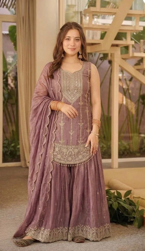 Designer Fendy Silk Embroidered Top Sharara Set with Dupatta