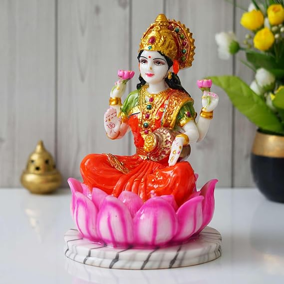 FAB CRAFT STUDIO Lakshmi MATA Marble Dust Statue/Laxmi Idol for Home Temple Statue Sitting on Lotus Flower