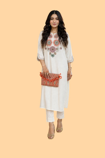 Women's Pure Cotton Embroidery Floral Printed Straight Coo-rd Set Kurti with Pant (White)