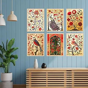 FAB CRAFT STUDIO Set of Six Madhubani Wall Paintings for Wall Dacoration Large Framed Wall Paintings for Living Room & Bedroom Wall Art for Home Decoration & Office Wall Décor