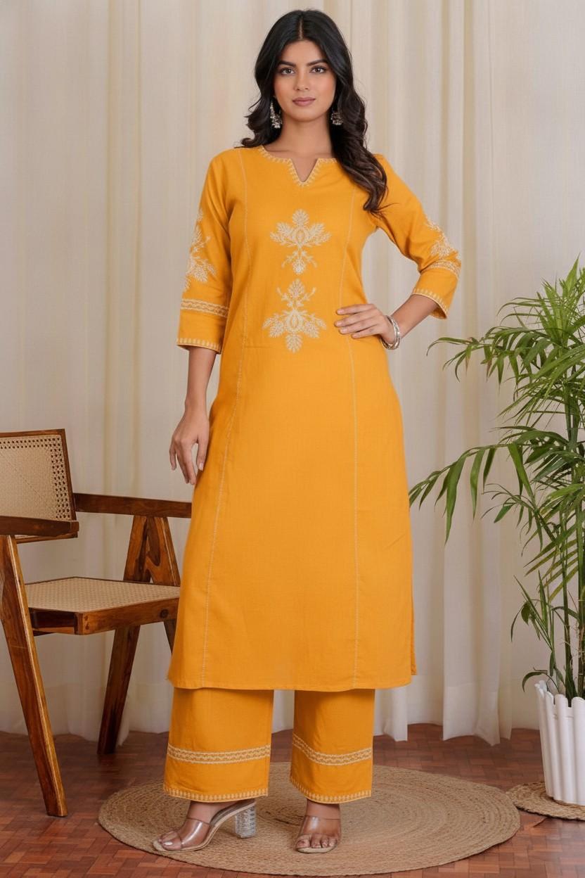Women's Cotton Embroidered Straight kurti With relaxed fit Pant