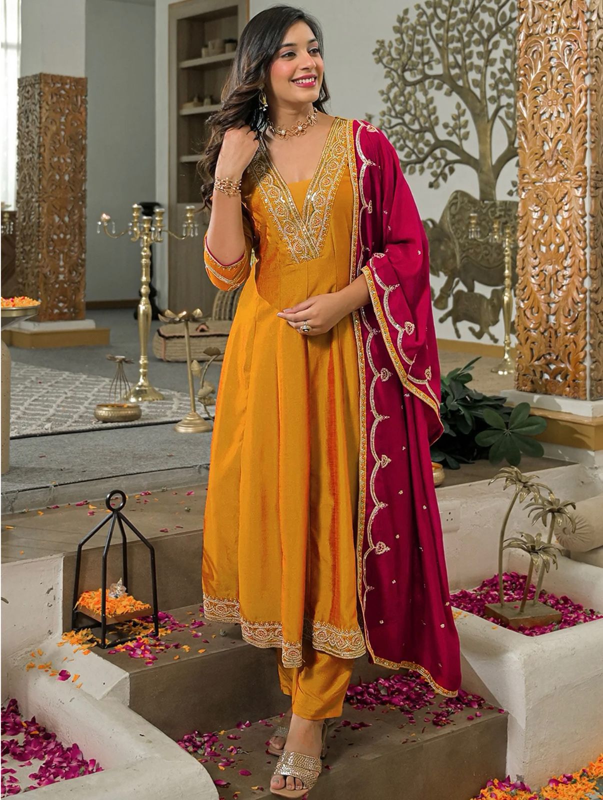 Women's Mustard Embroidered Straight Kurta Set with Magenta Dupatta