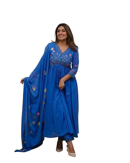 LoomBella Lifestyle Women's Cotton Embroidered Long Anarkali Kurti with Pant and Dupatta Set