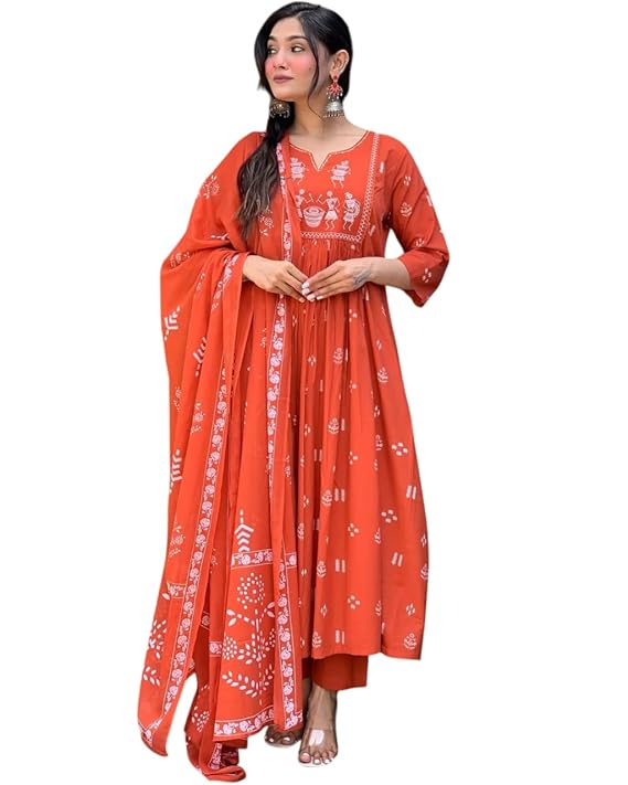 LoomBella LifestyleWomen's Contton Floral Embroidered Round Neck Regular Kurti Pant Dupatta Set