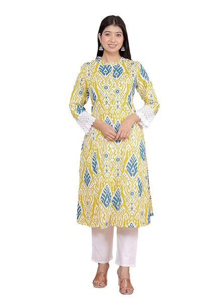 LoomBella Lifestyle Women's Cotton Printed Mandarin Collar A-Line Kurti with Pant