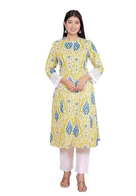 LoomBella Lifestyle Women's Cotton Printed Mandarin Collar A-Line Kurti with Pant