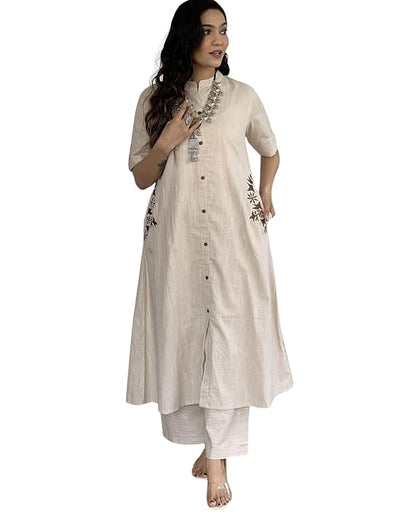LoomBella Lifestyle Women's Cotton Embroidered A-Line Kurti with Pant