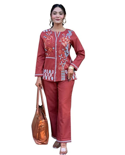 LoomBella LifestyleWomen's Cotton Embroidery Straight Kurti with Pant Set