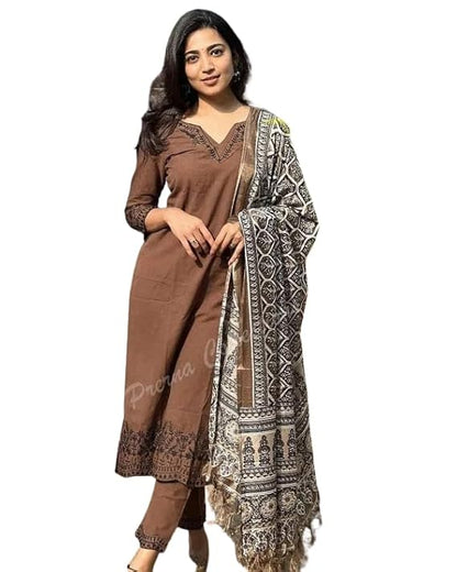LoomBella Lifestyle Women Pure Cotton Embroidery Straight Kurti with Pant & Dupatta Set