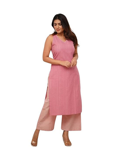 LoomBella LifestyleWomen's Cotton Printed Sleeveless Straight Kurti with Pant Set